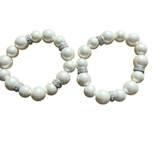 Chunky beaded pearl and rhinestone studded silver charm stretch bracelet set